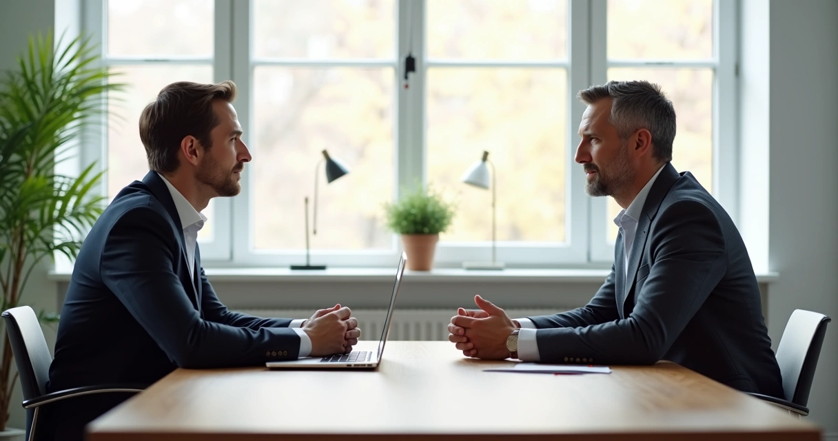 Duas pessoas sentadas em uma mesa de reunião tendo uma conversa séria e respeitosa, com um ambiente de escritório moderno ao fundo 