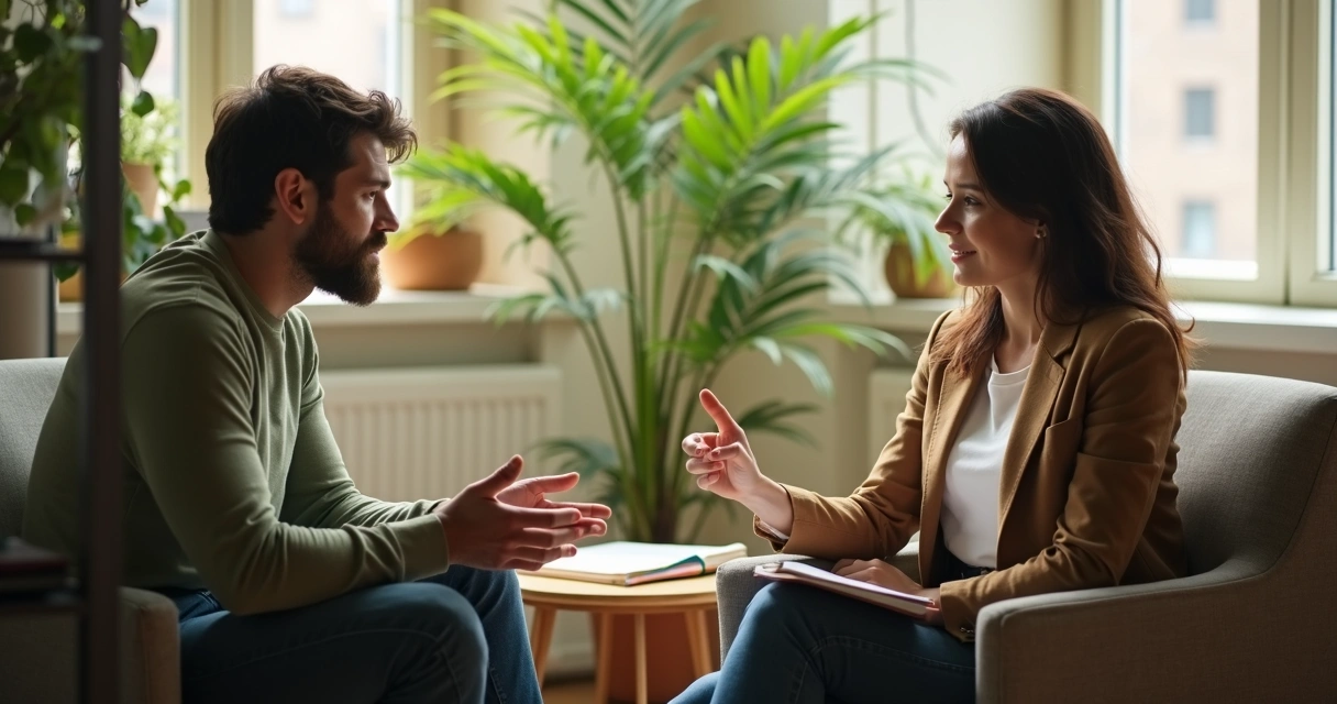 Duas pessoas em conversa calma de feedback em ambiente profissional