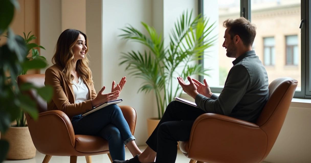 Conversa reservada de feedback entre duas pessoas no trabalho
