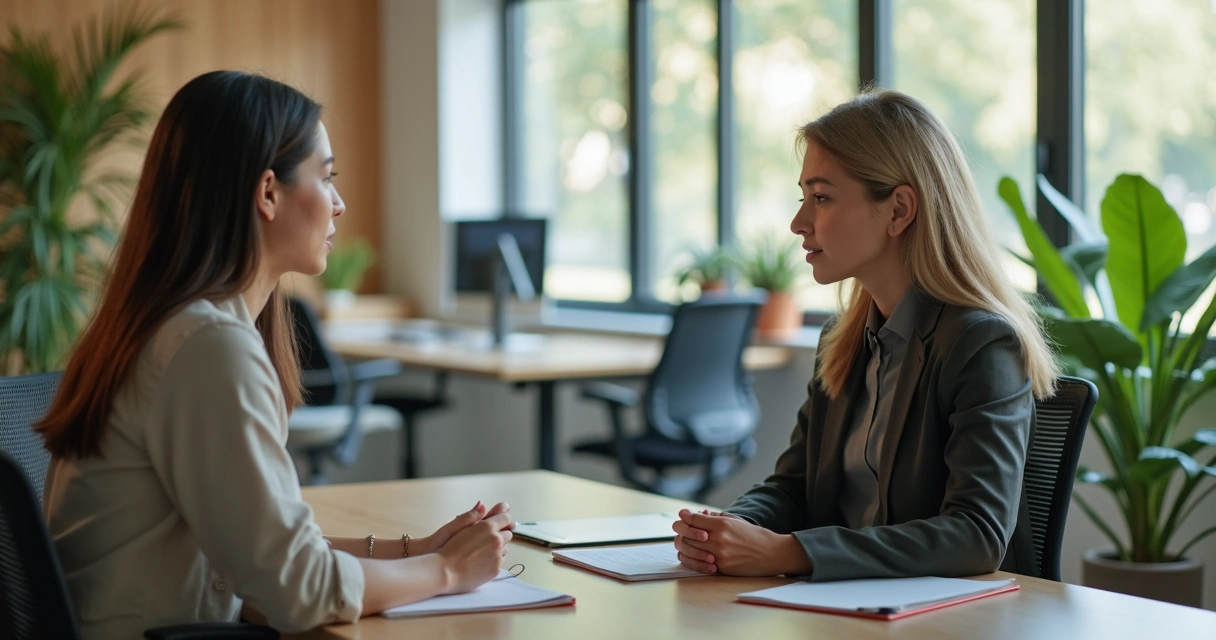 Duas pessoas em conversa profissional aberta no escritório 