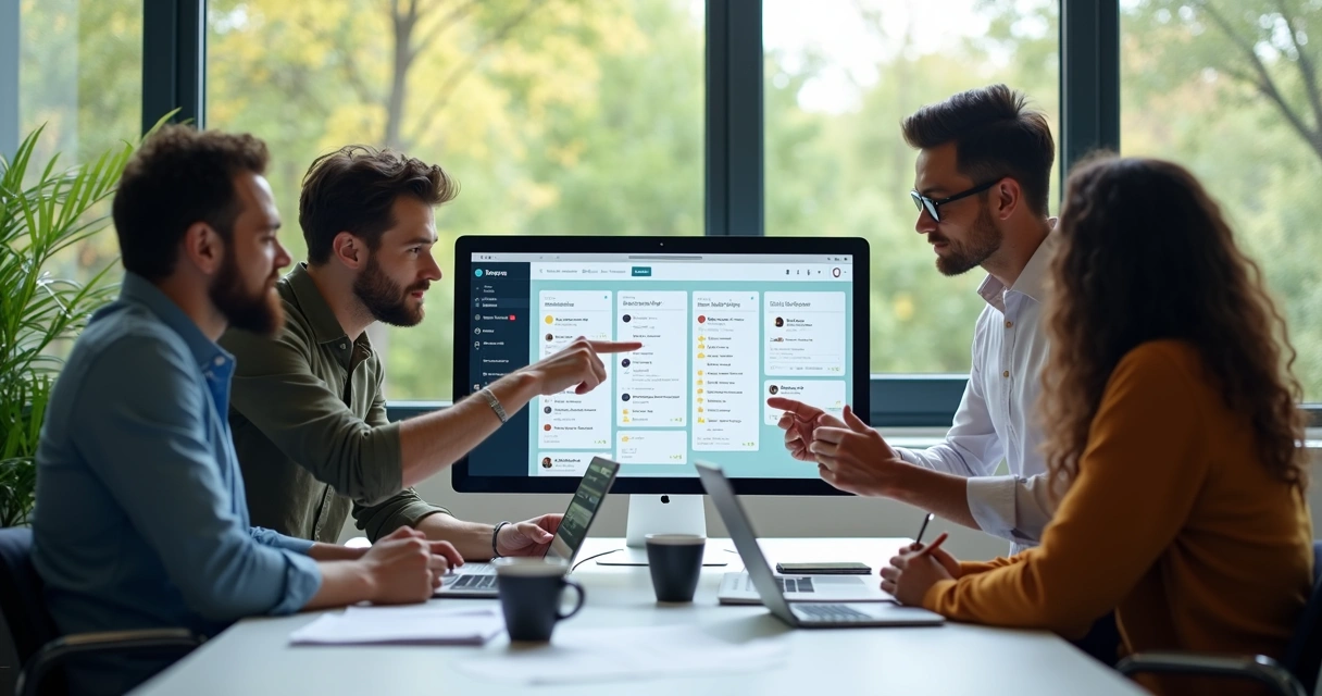 Cliente e equipe analisando feedback em tela de computador 