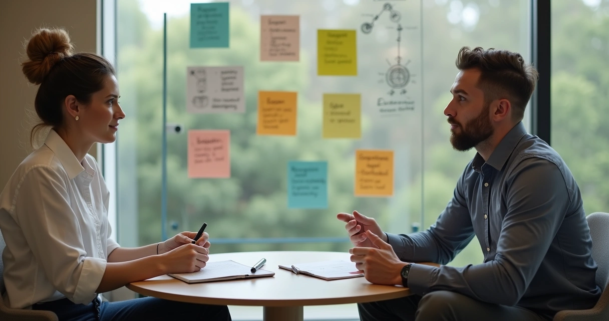 Duas pessoas em roda de conversa trocando feedback com painéis de anotações ao fundo 