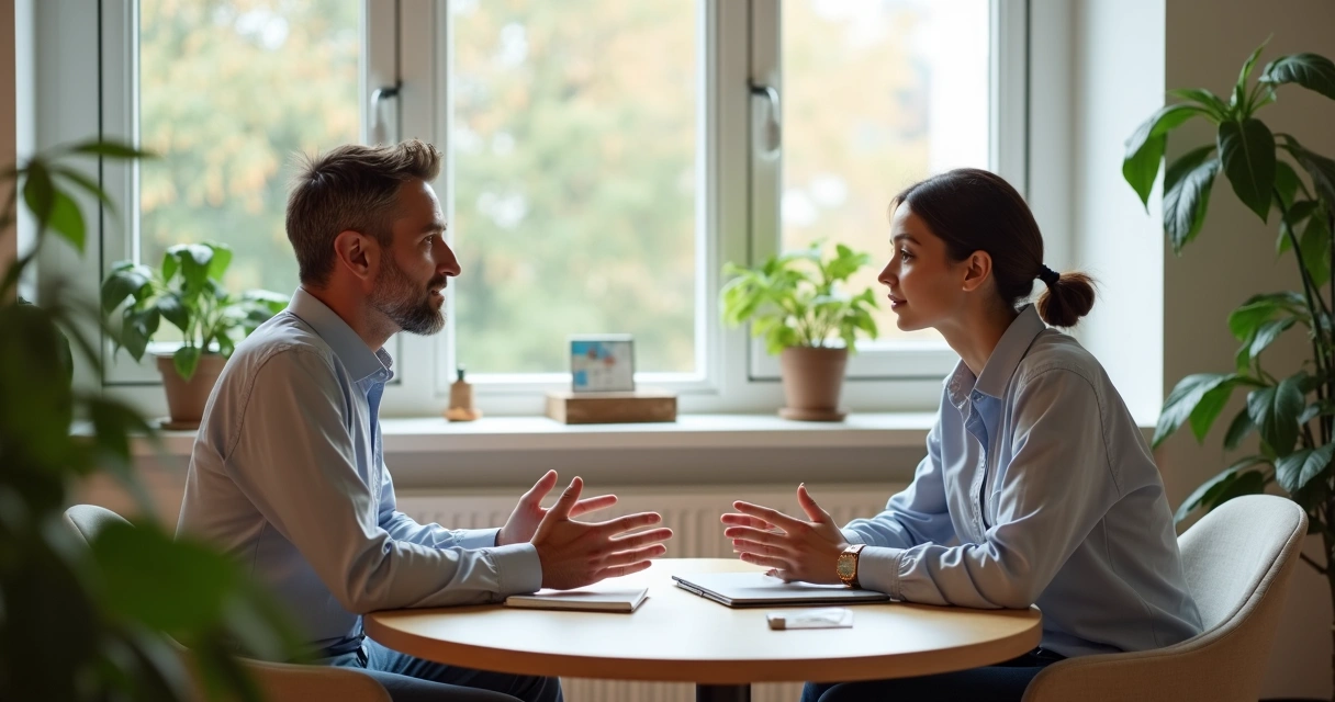 Duas pessoas conversando frente a frente em um ambiente de trabalho calmo trocando feedback de forma respeitosa 