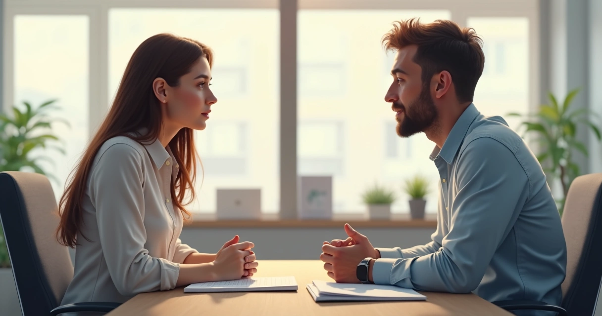 Duas pessoas sentadas conversando em ambiente de trabalho 