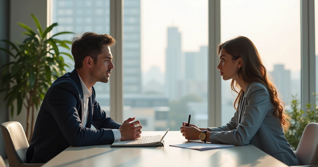 Duas pessoas sentadas frente a frente em uma mesa de escritório conversando, uma com expressão atenta, outra falando, em ambiente iluminado por janelas 