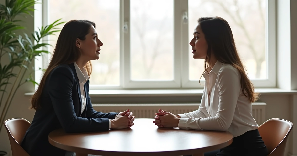 Duas pessoas sentadas de frente, dialogando em uma sala neutra 