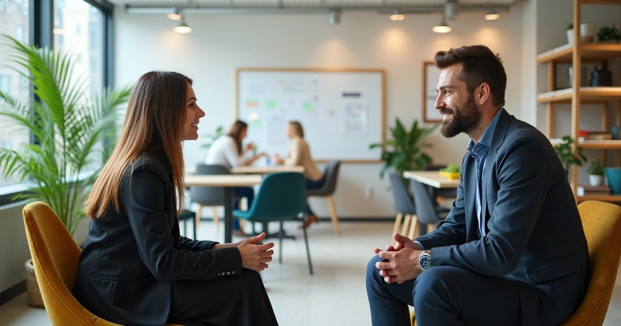 Colaboradores de uma empresa em conversa de feedback em espaço moderno 