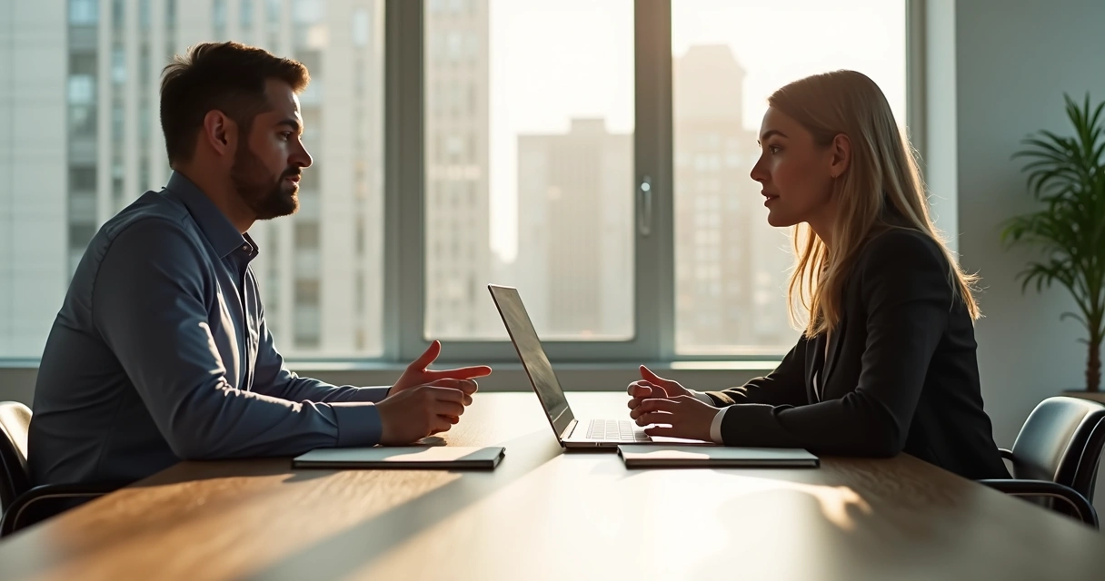 Duas pessoas conversando em uma sala de reunião, demonstrando diálogo aberto.