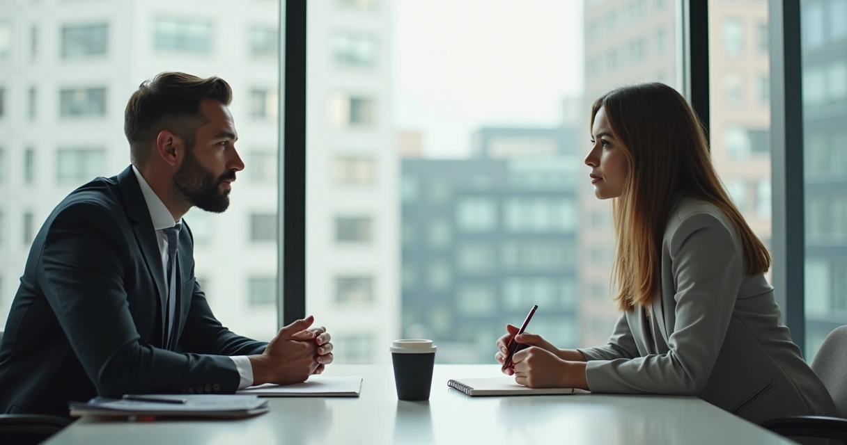 Duas pessoas em conversa de feedback em ambiente profissional 