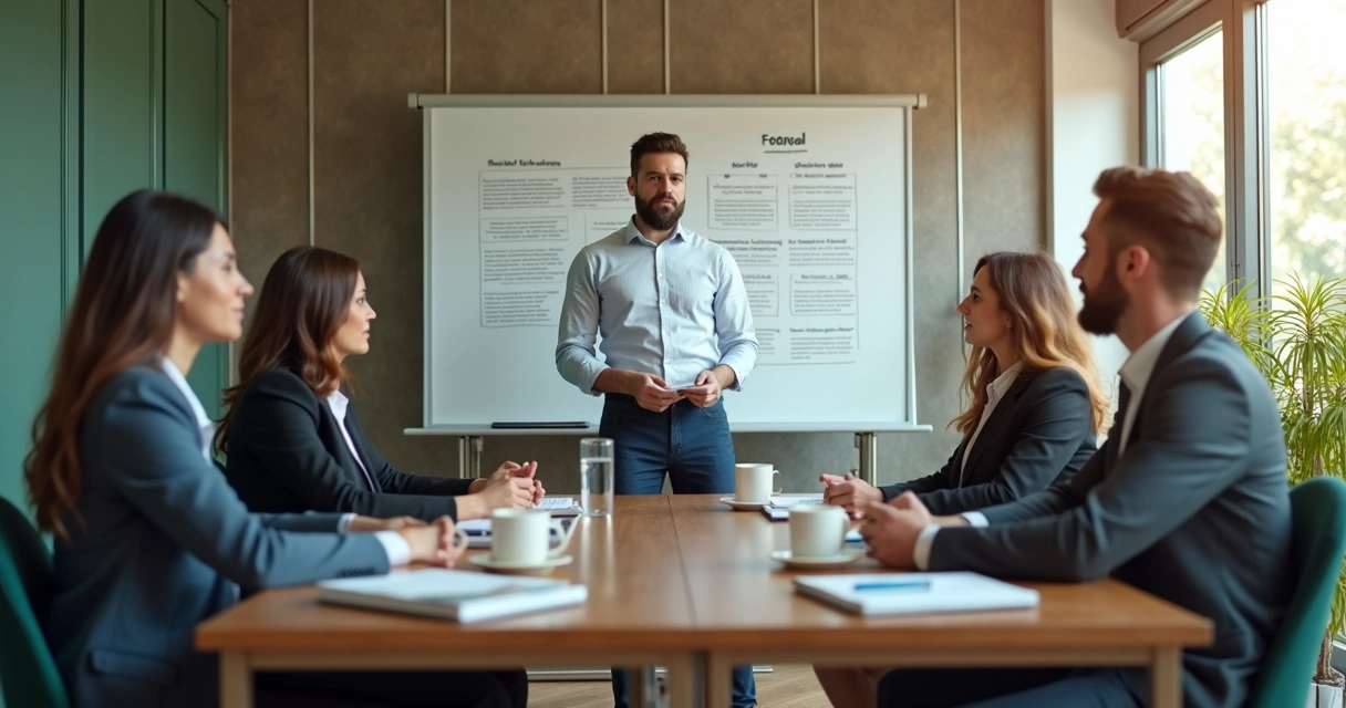Gestor conversando com equipe em ambiente corporativo 