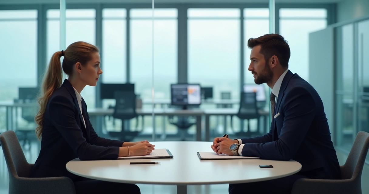Gestor conversando com colaborador em sala reservada 