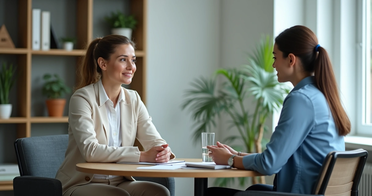 Duas pessoas em reunião de feedback com escuta atenta 
