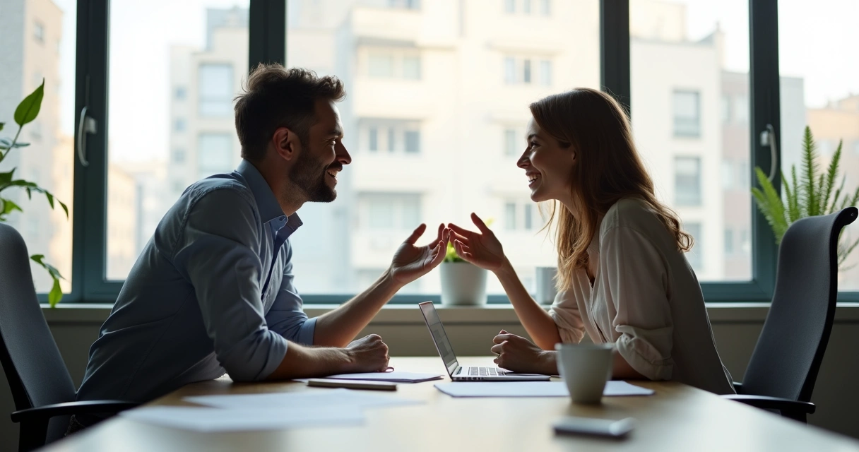 Duas pessoas trocando feedback em ambiente de escritório, sentadas frente a frente em uma mesa com papéis e laptops