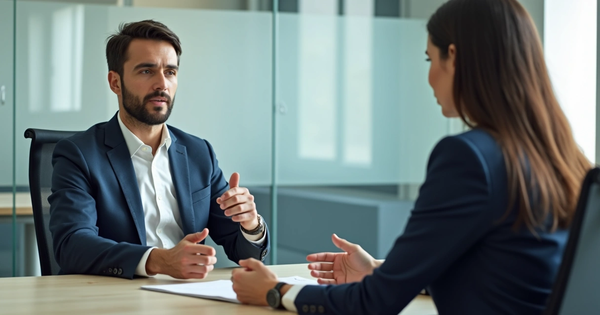 Duas pessoas em conversa de feedback no escritório