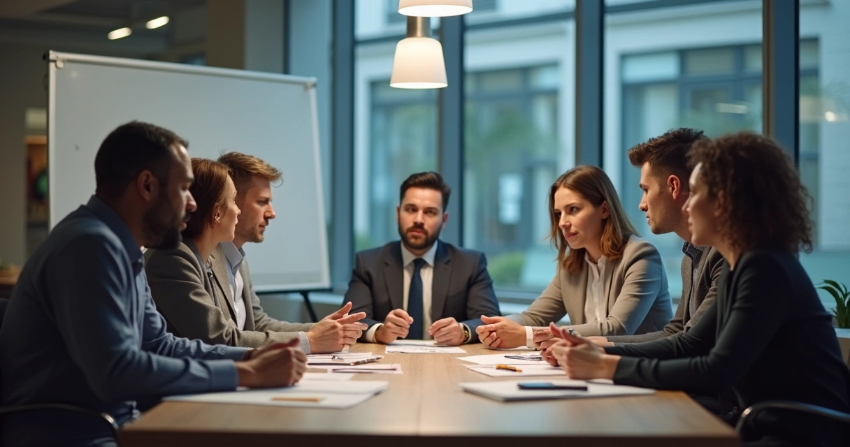Equipe reunida conversando em mesa de reunião 