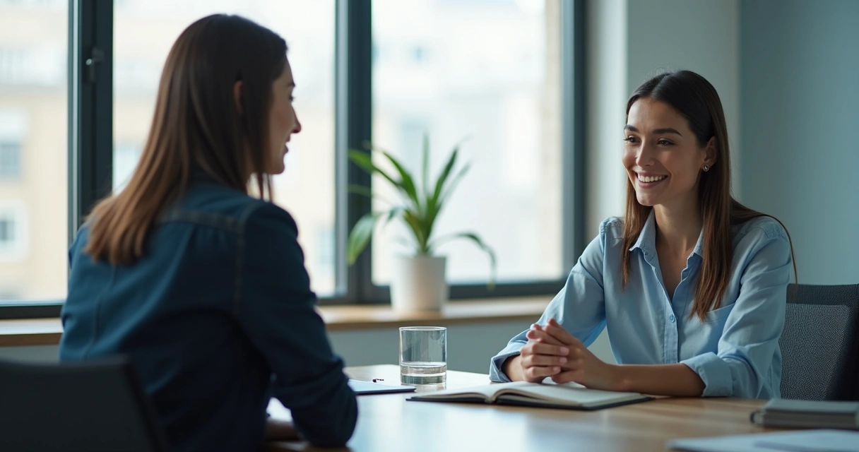 Duas pessoas em conversa de feedback no escritório 