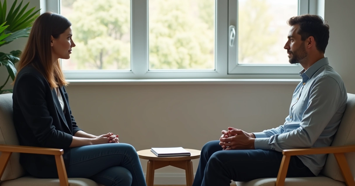 Duas pessoas em conversa séria com escuta atenta em ambiente claro 