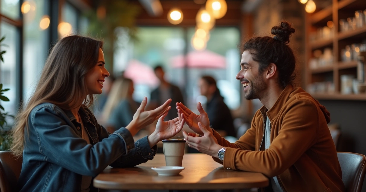 Dois amigos conversando em uma cafeteria, trocando feedbacks com sorrisos
