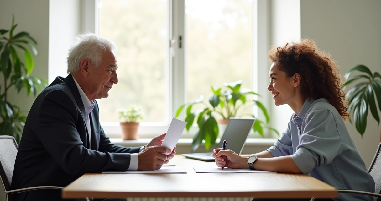 Duas pessoas sentadas frente a frente em uma mesa de escritório conversando com foco em desenvolvimento. 