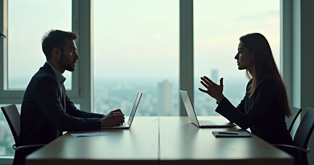 Dois colegas conversando em sala tranquila durante feedback 