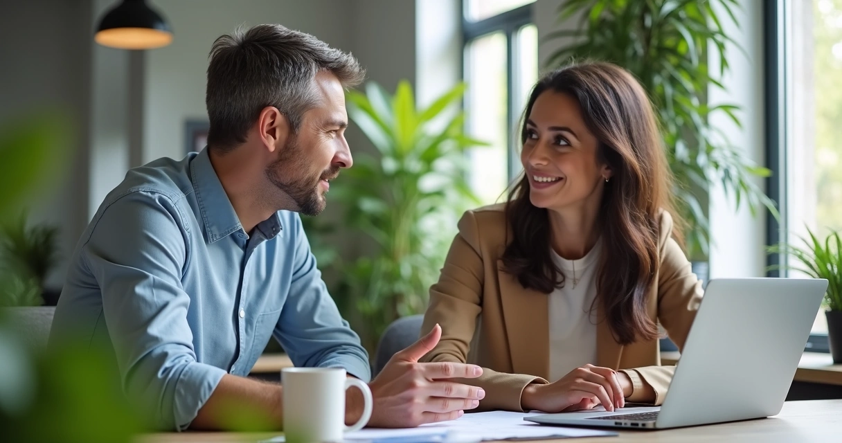 Duas pessoas em conversa em escritório, um dando feedback ao outro. 