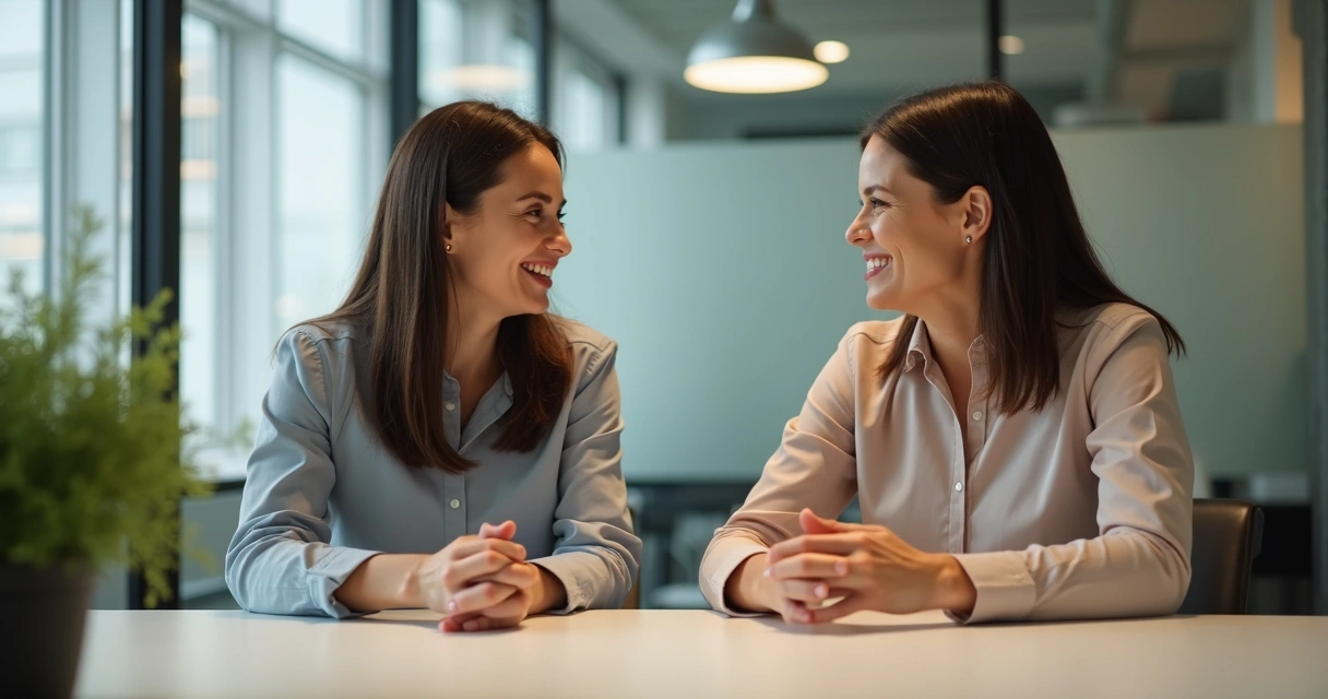 Dois colegas de trabalho conversando em uma sala, um reconhecendo pontos positivos do outro em clima amistoso 