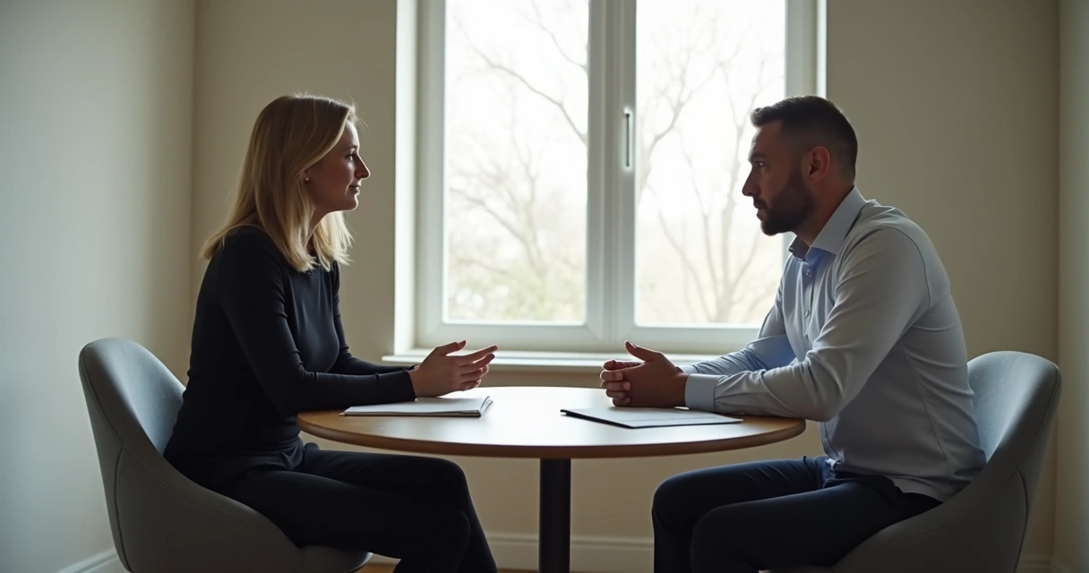 Duas pessoas em uma sala reservada conversando com atenção 