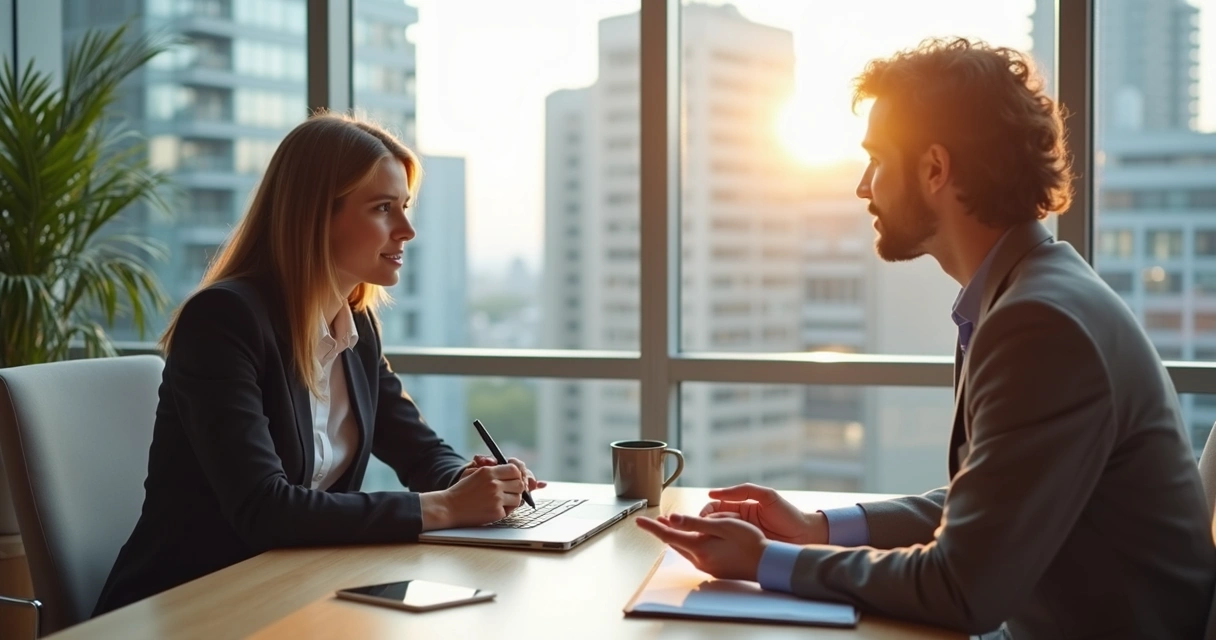 Duas pessoas sentadas em uma mesa trocando opiniões de trabalho 