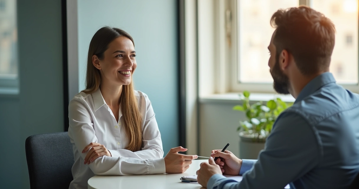 Duas pessoas em conversa de feedback respeitosa