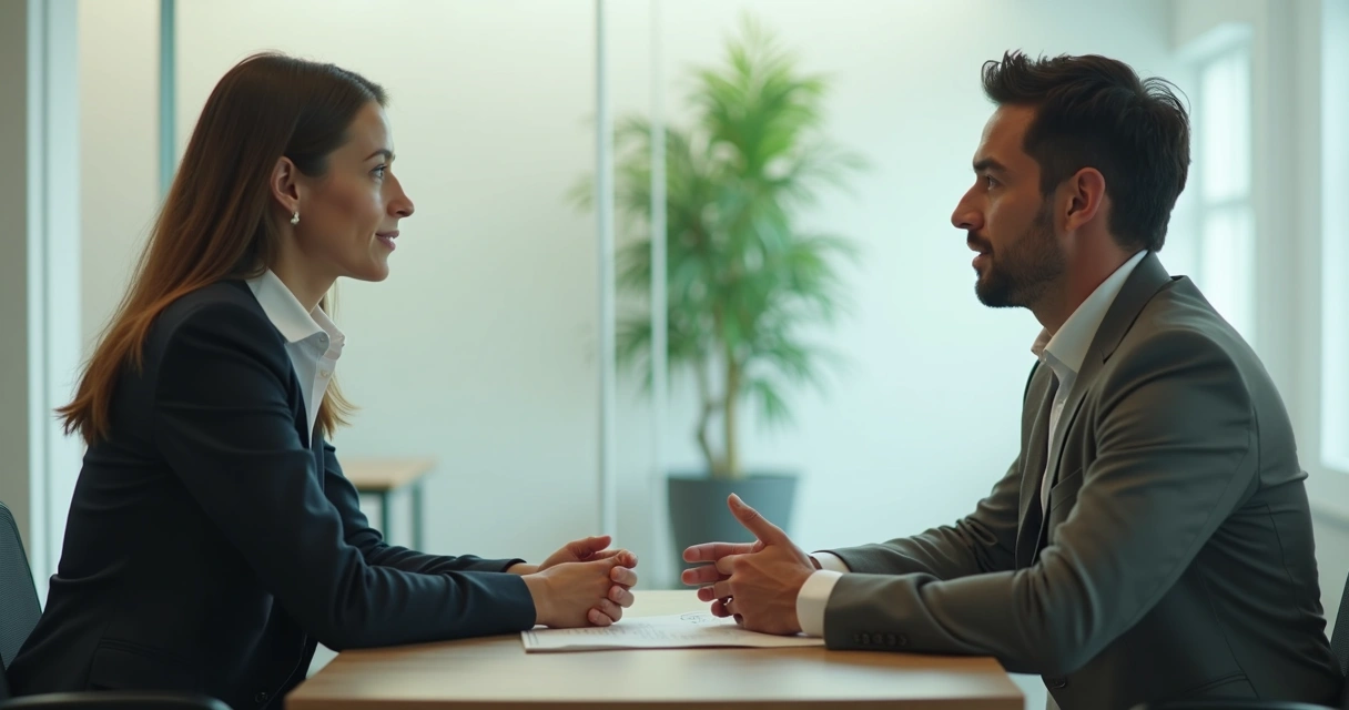 Conversa de feedback entre líder e colaborador em escritório 