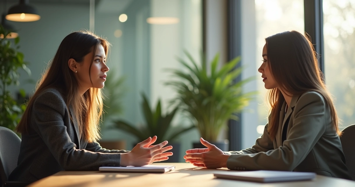 Duas pessoas em conversa de feedback respeitosa em ambiente de trabalho 