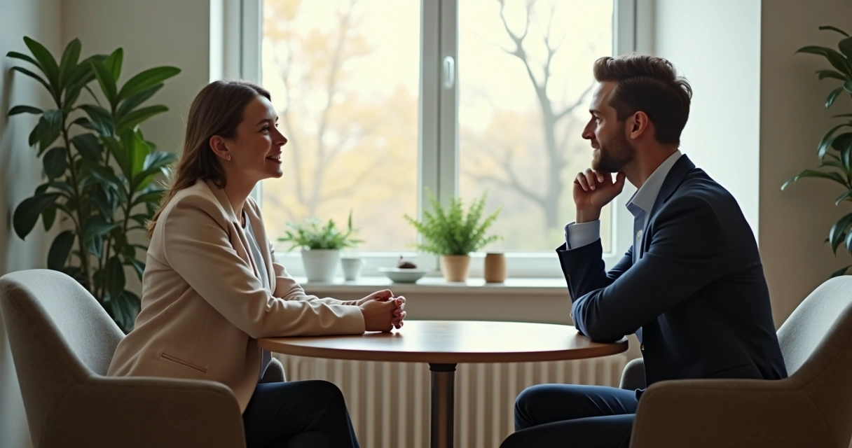 Feedback respeitoso entre gerente e colaborador em sala de reunião confortável 