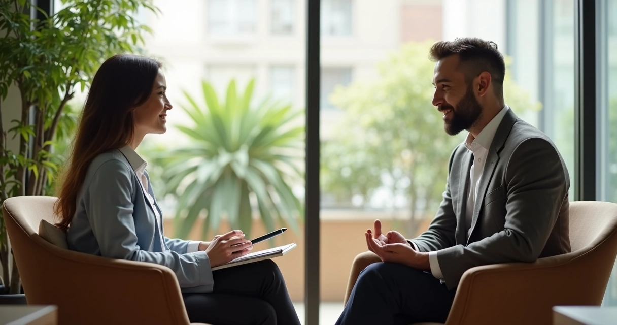 Duas pessoas em conversa de feedback respeitosa 