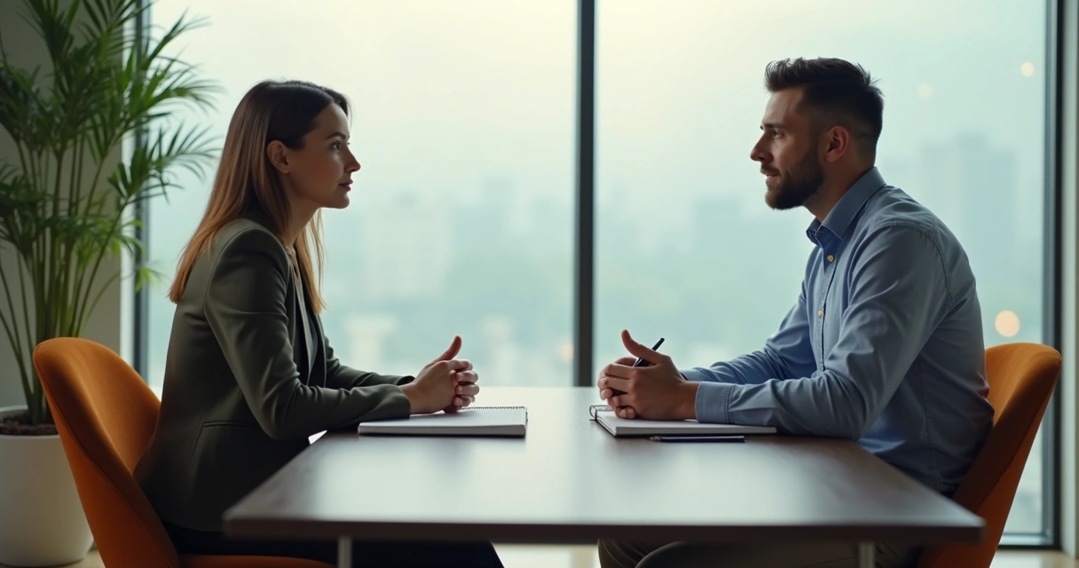 Líder e colaborador em conversa de feedback respeitosa 