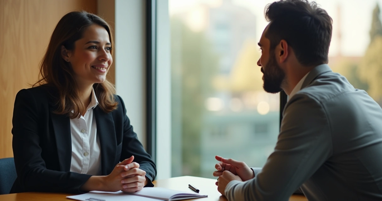 Duas pessoas em conversa privada de feedback com postura respeitosa
