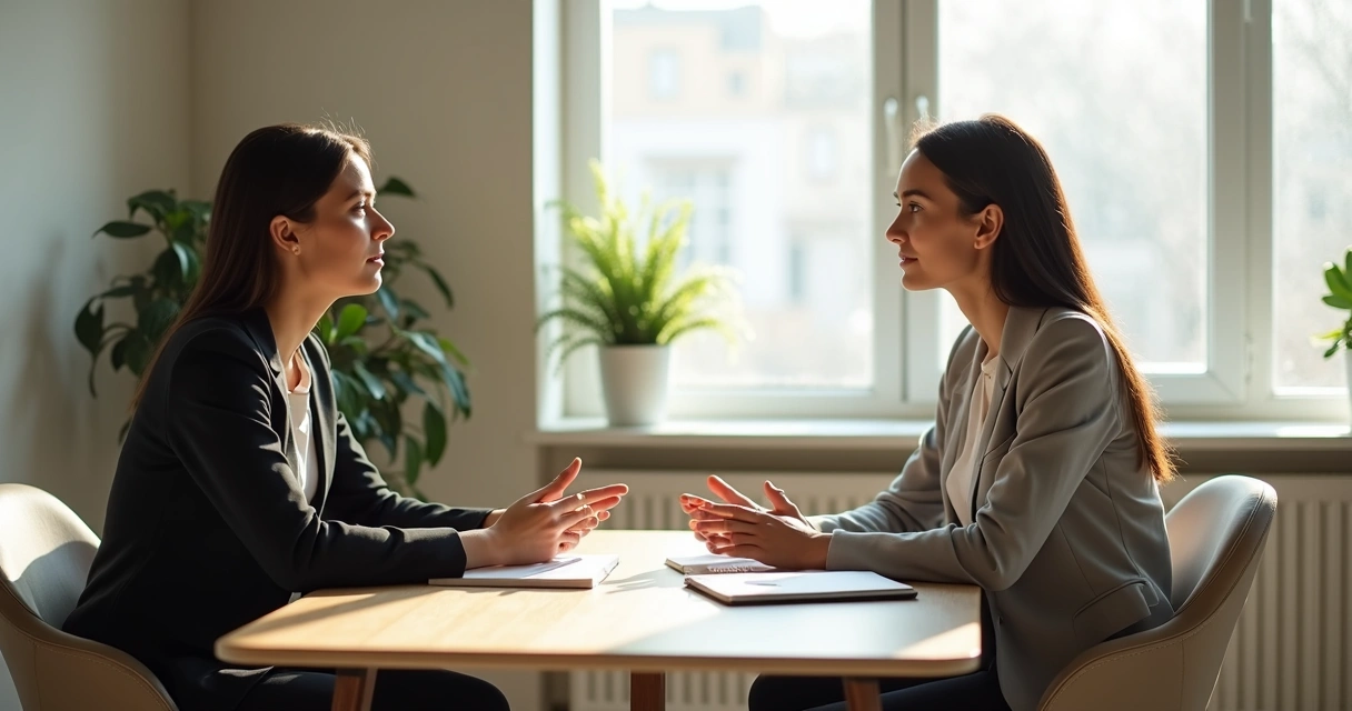 Duas pessoas em conversa respeitosa em ambiente de trabalho