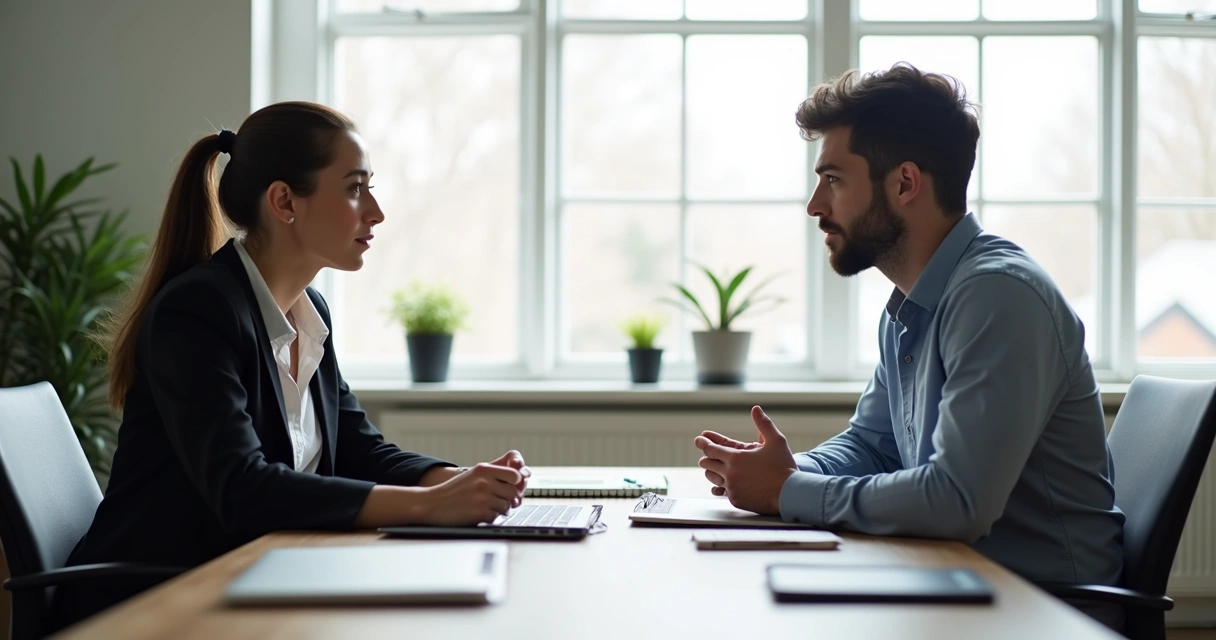 Dois profissionais conversando sobre trabalho em mesa de escritório 