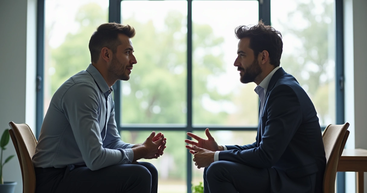 Duas pessoas conversando sentadas em uma sala de reunião, expressão atenta e ambiente profissional claro 