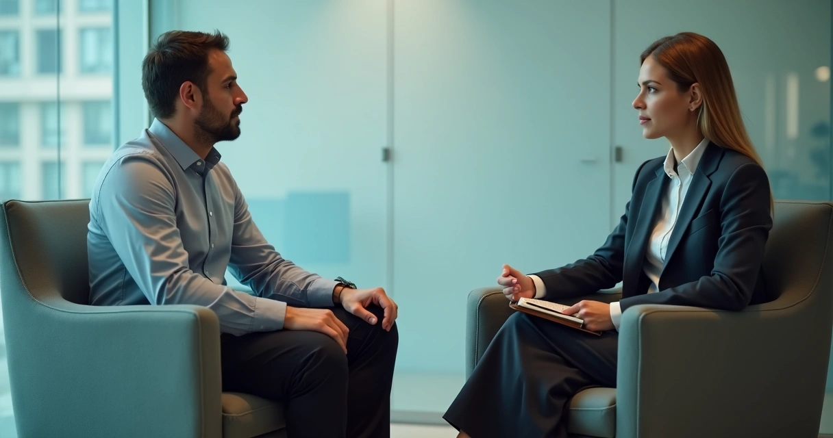 Duas pessoas em conversa de feedback no escritório 
