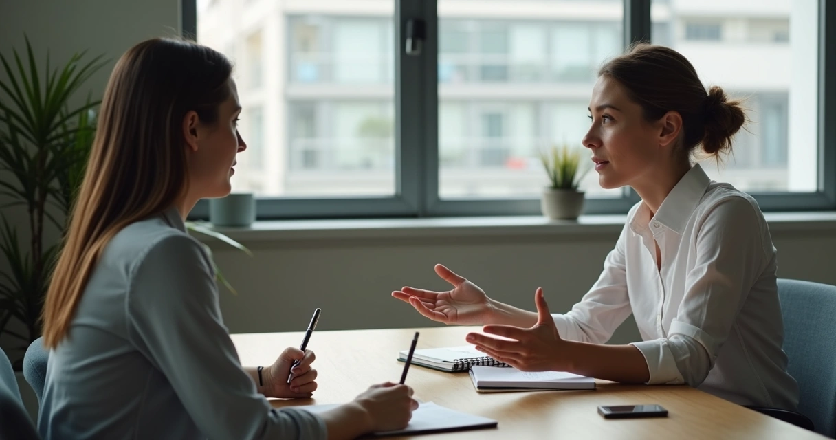 Duas pessoas conversando em ambiente profissional, uma ouvindo atenta ao feedback 
