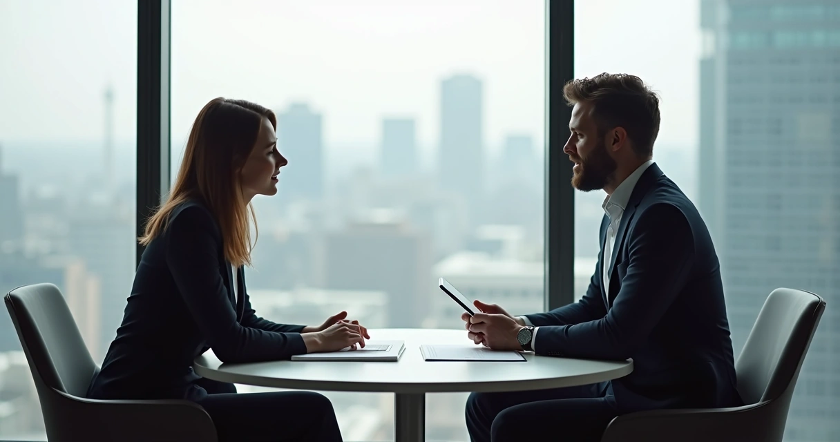 Duas pessoas conversando em ambiente de trabalho moderno, expressando abertura e diálogo franco