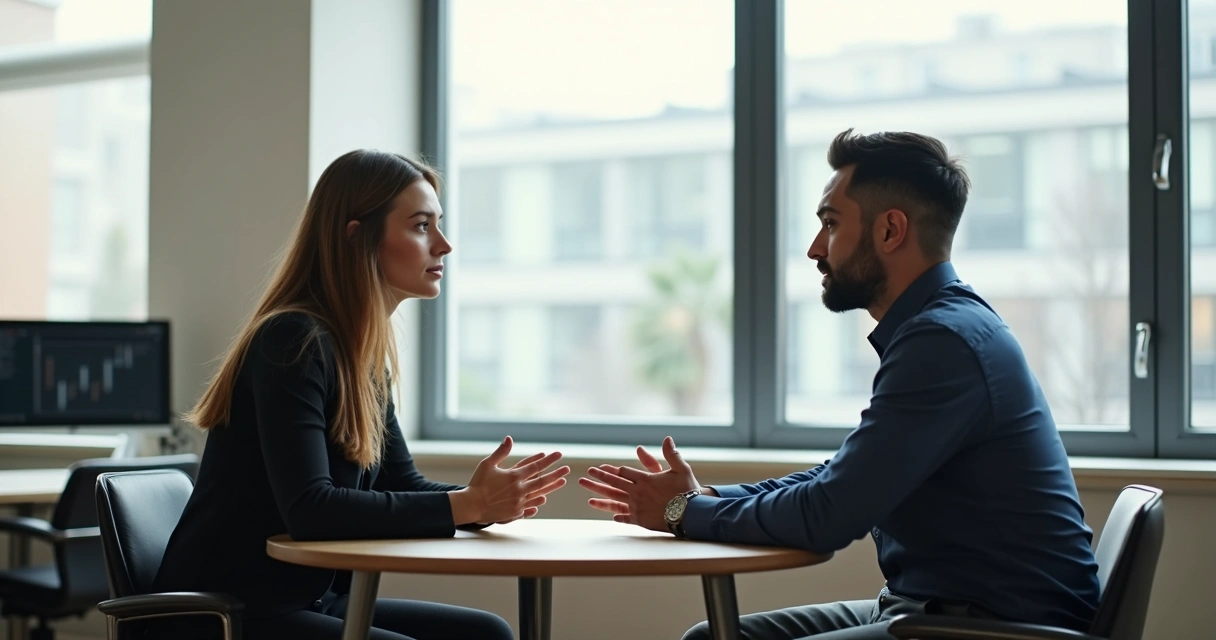 Dois colegas conversando em ambiente de trabalho, um recebendo feedback do outro 
