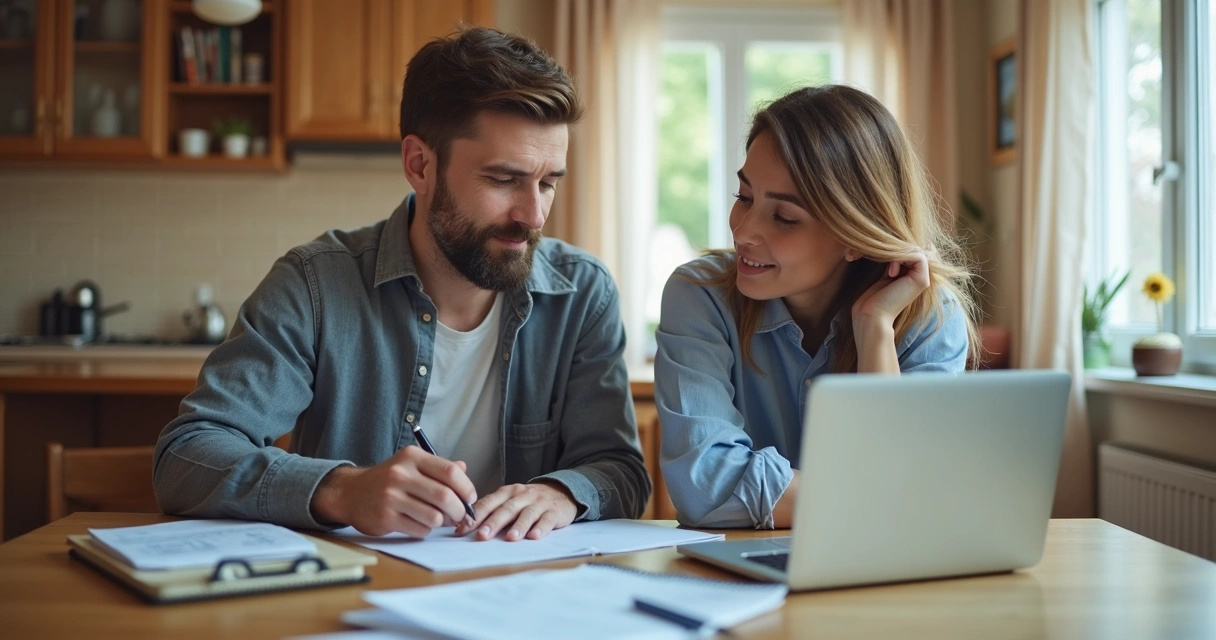 Casal conversando sobre orçamento com contas e caderno na mesa 