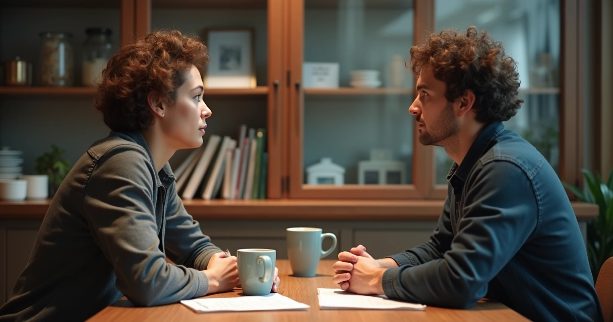 Duas pessoas sentadas à mesa em conversa séria, olhando nos olhos. 