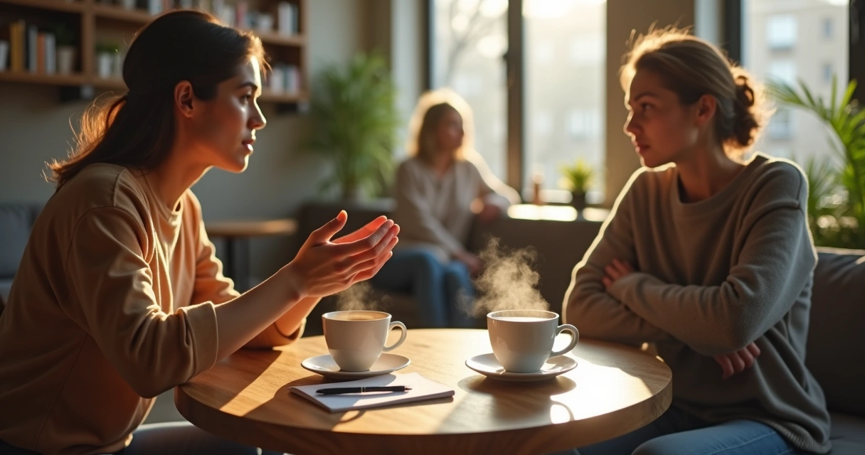 Duas pessoas em sala de café percebendo tensão sutil em conversa cotidiana. 