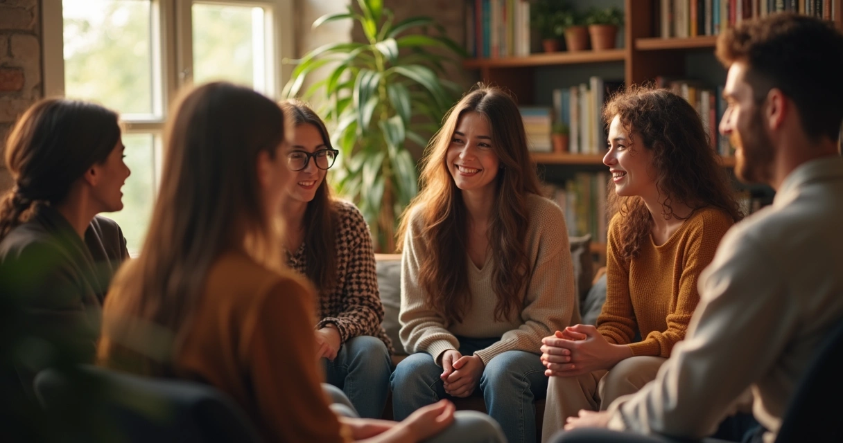 Grupo de amigos sentados em círculo, conversando com sorrisos e expressão tranquila