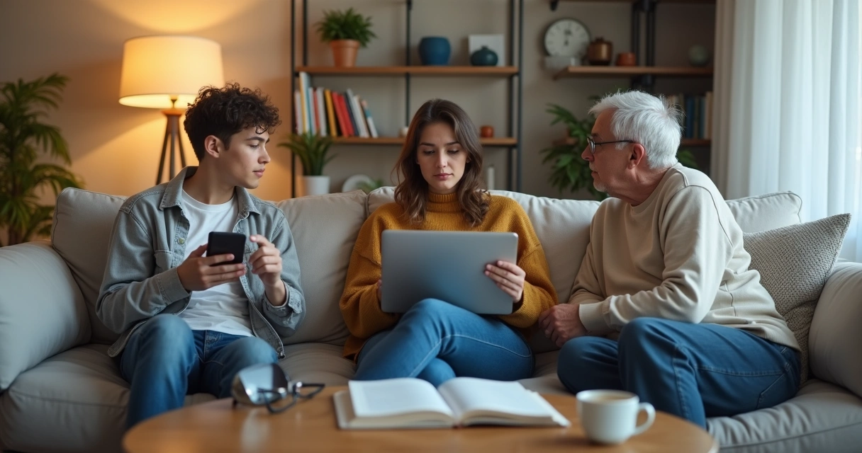 Familia de gerações diferentes conversando em sala com tecnologia espalhada 