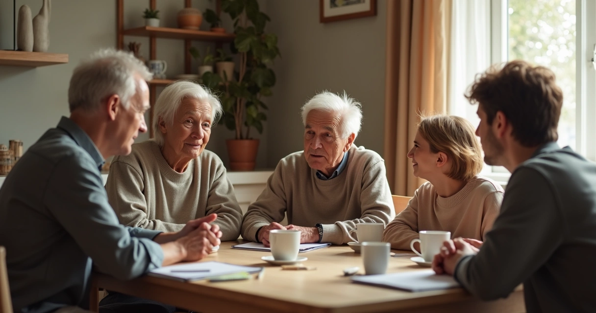 Família conversando à mesa com escuta atenta