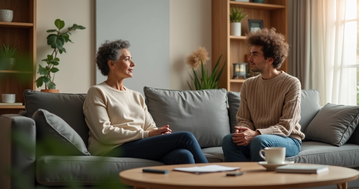 Duas gerações conversando em uma sala tranquila 