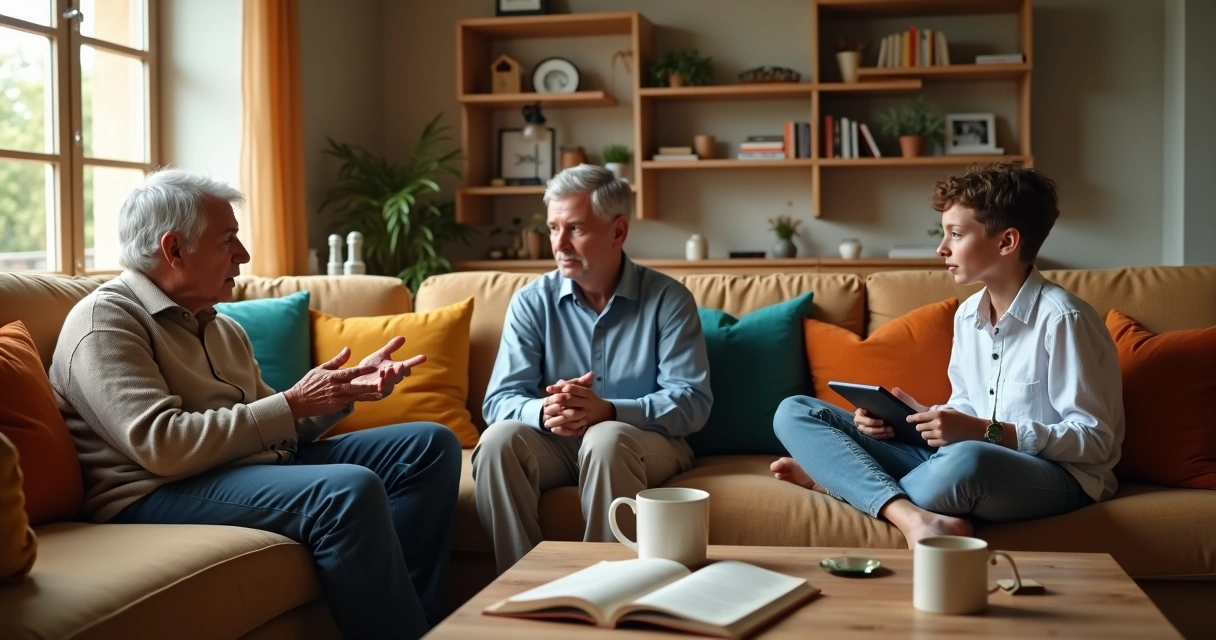 Três gerações de uma família conversando em sofá colorido na sala 